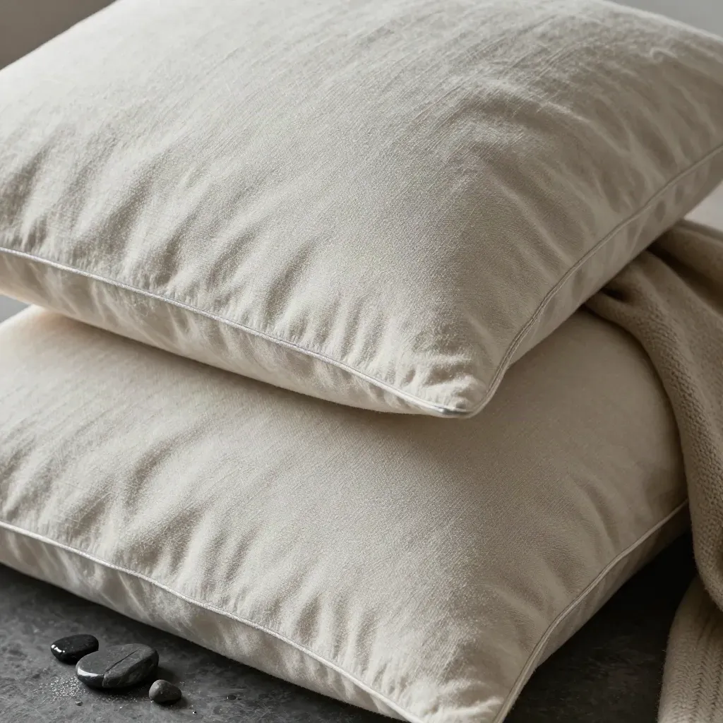 Ivory linen pillows stacked on wet charcoal stone with a folded wool throw, close-up texture detail.