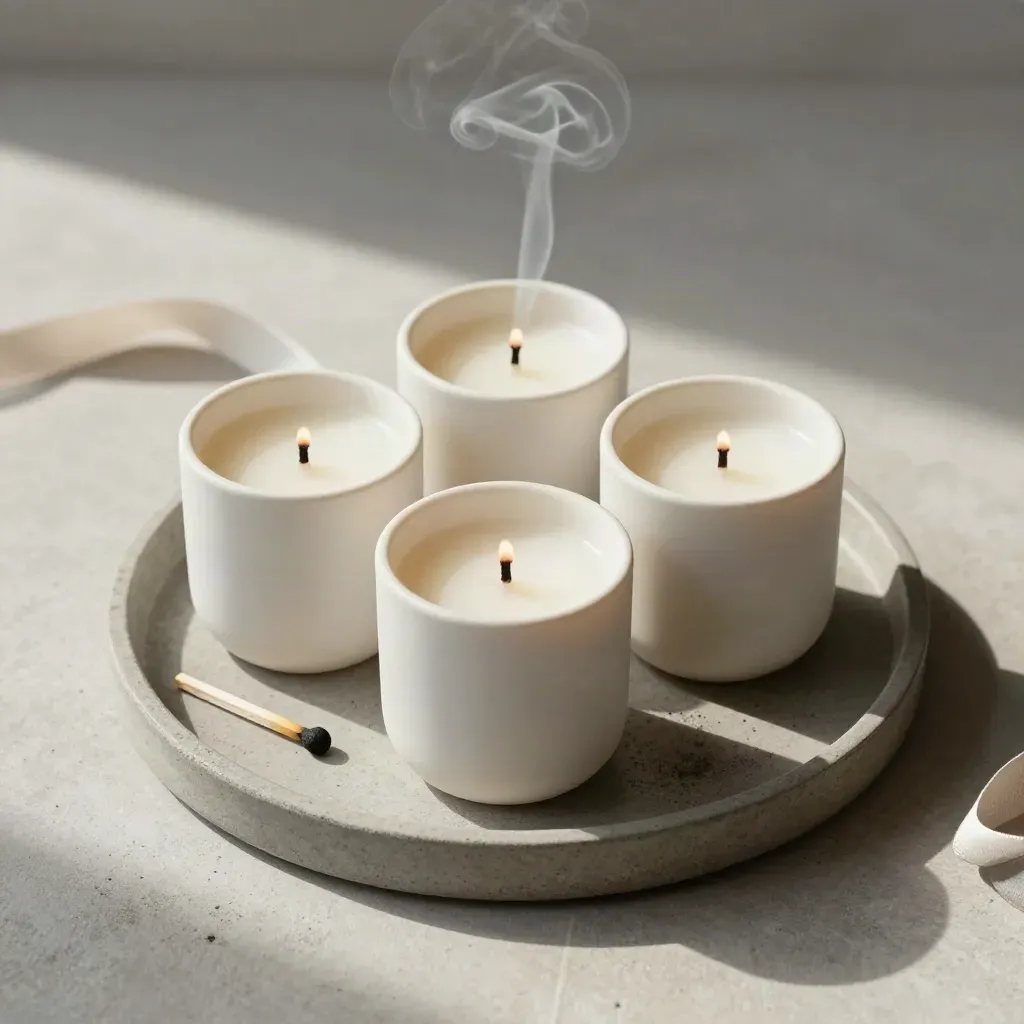 Three smoking white soy candles in matte cups on a stone tray, overhead flatlay.