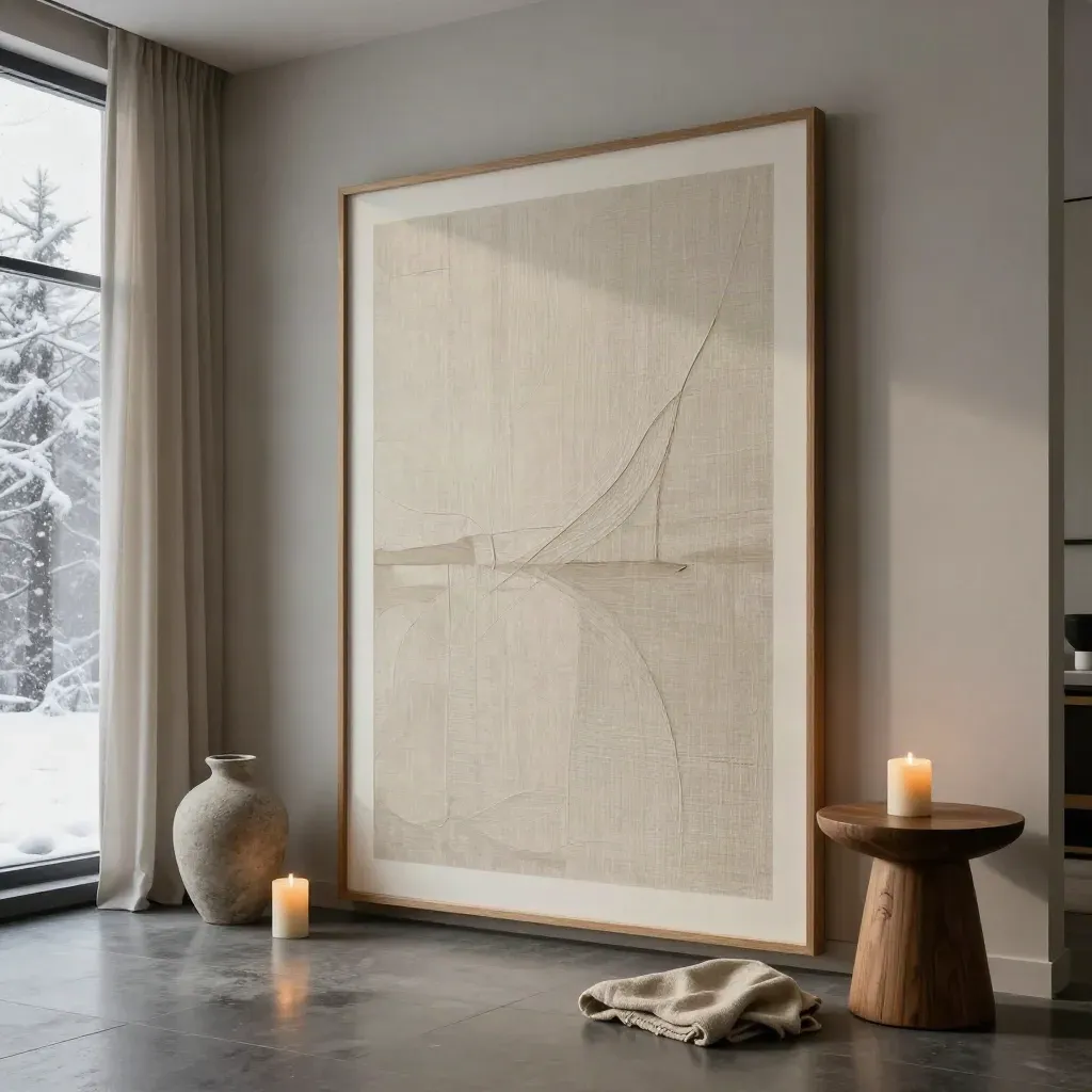Oak frame wall art set with vase, candle, throw, and walnut side table in a modern living room