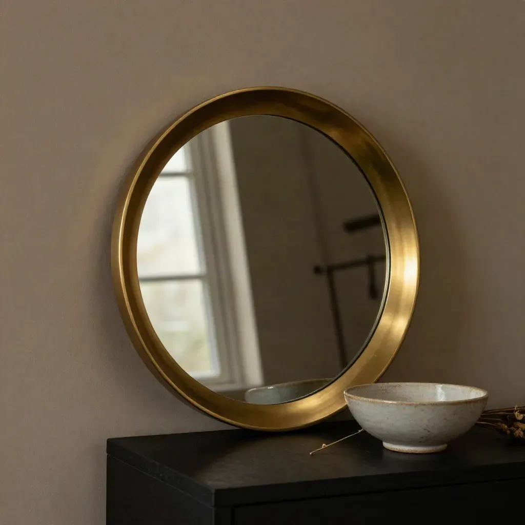 Brass wall mirror leaning on plaster block with bowl and dried stems in a dark studio vignette