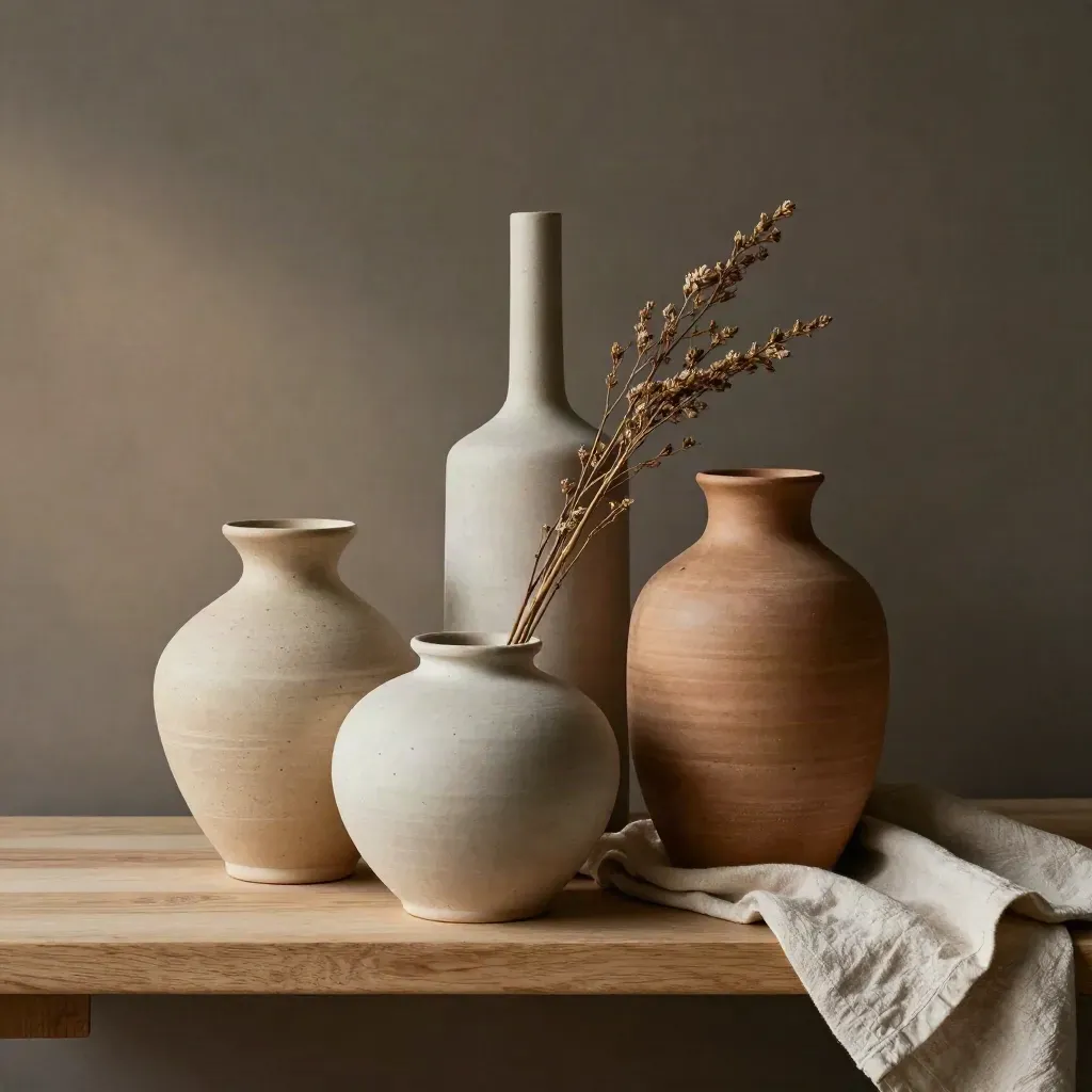 Stoneware vase set on a pale oak shelf with dried stems and linen, in soft hazy daylight.