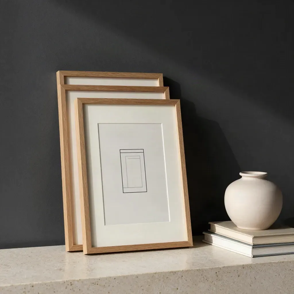 Three oak-framed line art prints lean on travertine beside a ceramic vessel and books.