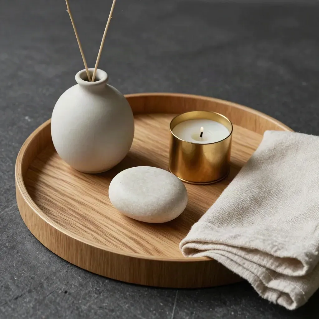 Oak tray decor set with vase, candle, sculptural piece and folded linen, top-down on dark stone.