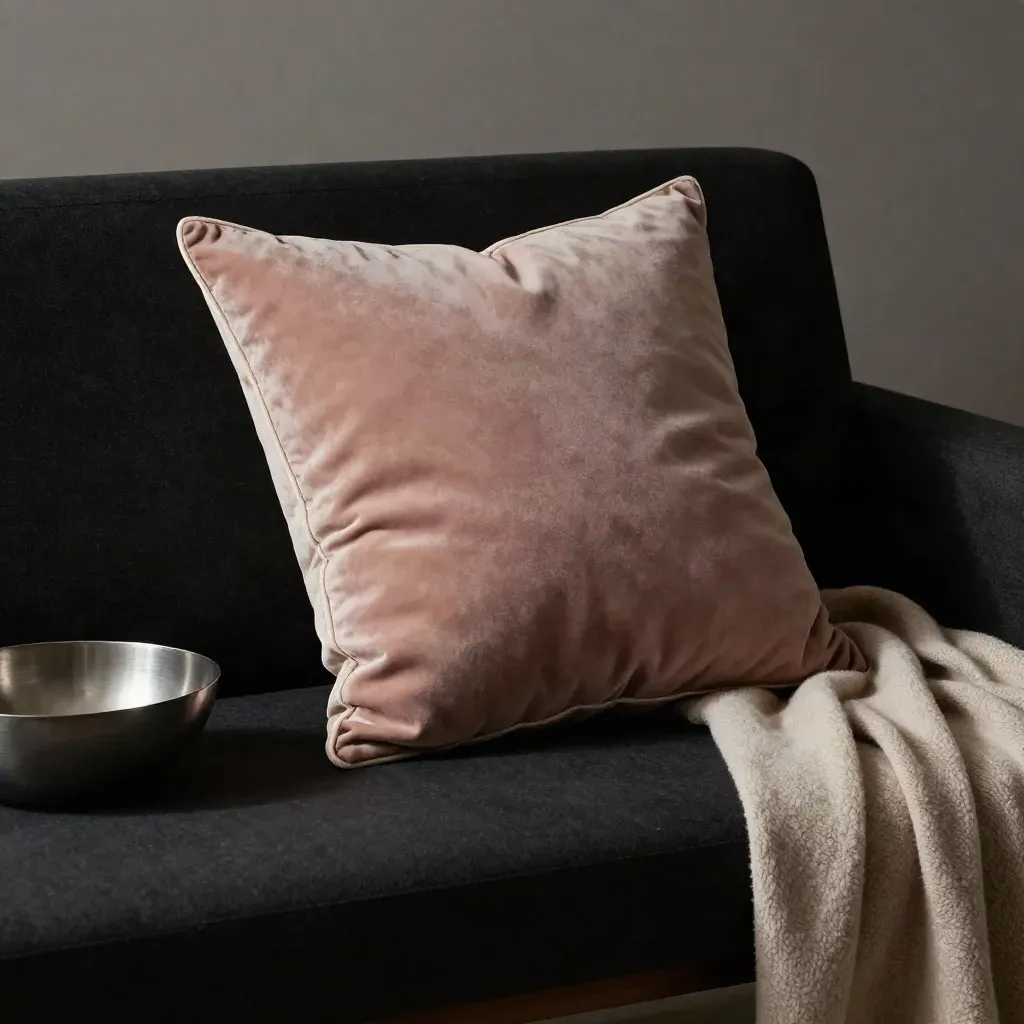 Dusty blush velvet lumbar pillow on a dark bench with a draped throw and brushed-metal accent.