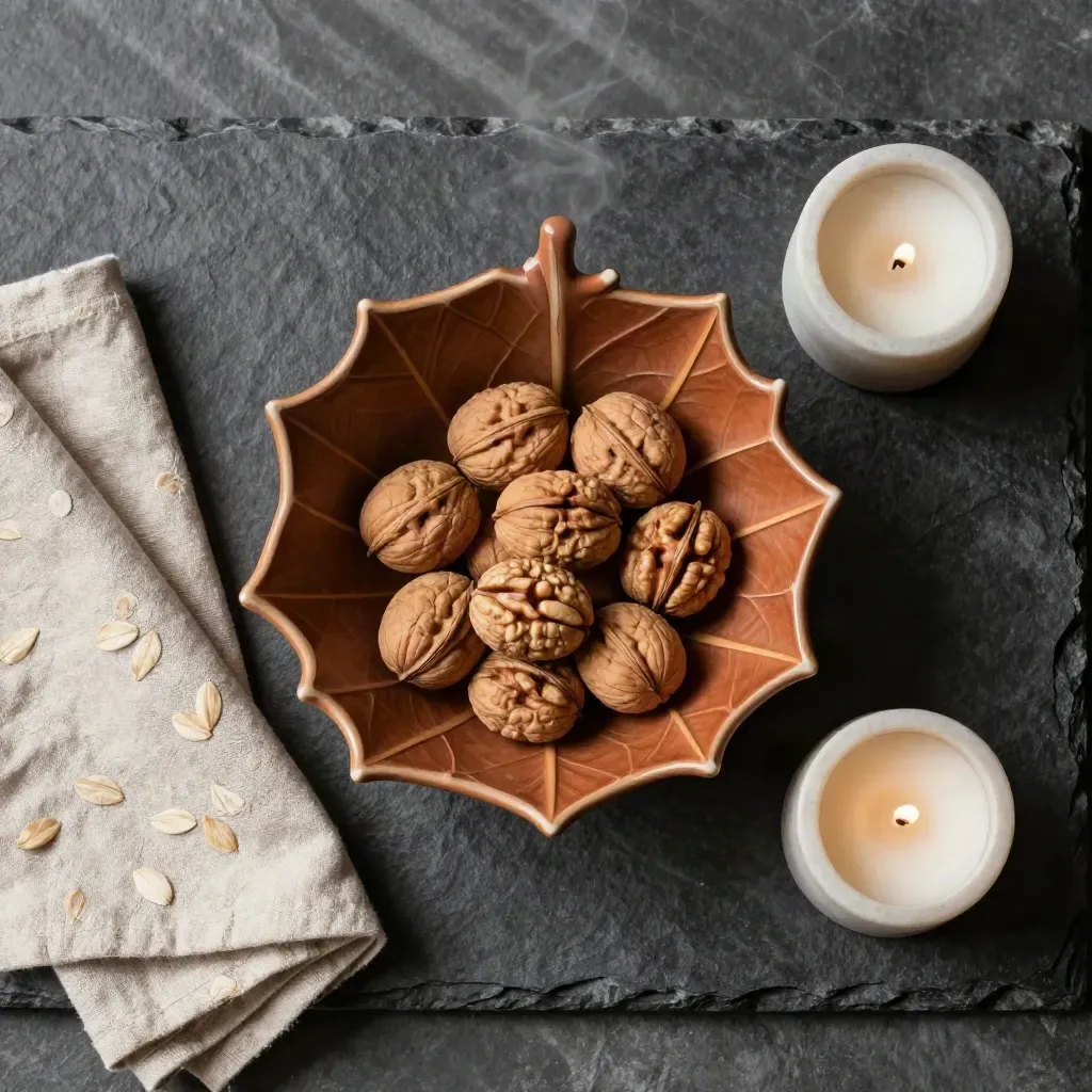 Overhead autumn flatlay with maple leaf bowl, walnuts, linen napkin and candle on stone.