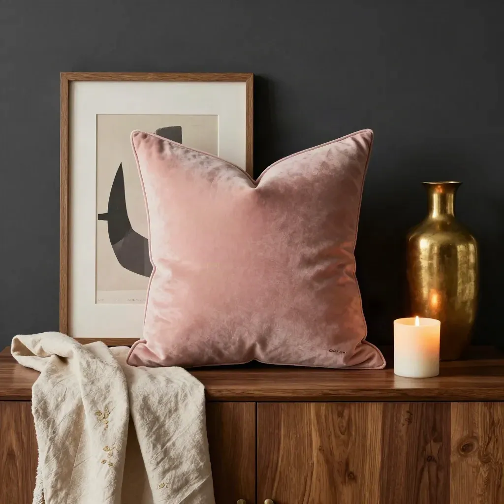 Blush cushion, brass vase, candle and oak art on a walnut console