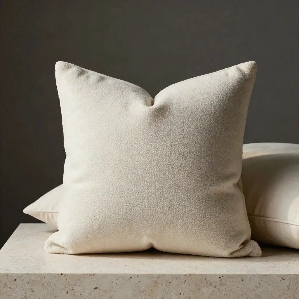 Ivory bouclé pillow leaning against a softer cushion on a dark gradient studio backdrop.