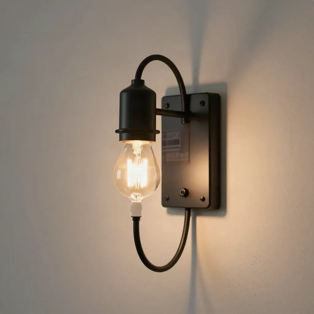 Black metal wall sconce with looped cord casts warm light on pale plaster.