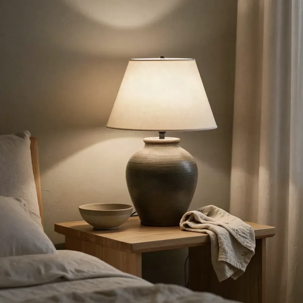Ceramic table lamp glowing on oak side table with bowl and folded linen in a cozy modern corner