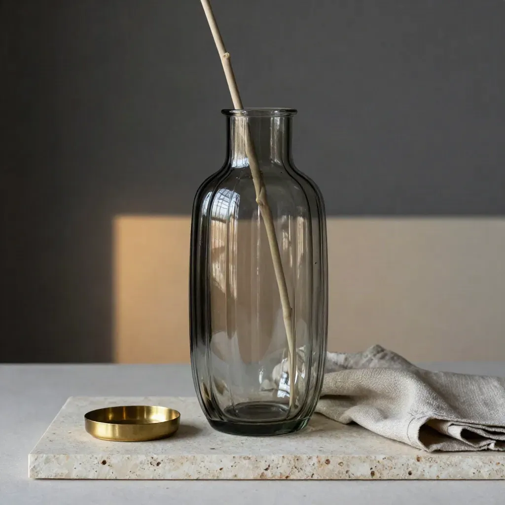 Tall ribbed glass vase with a single stem, brass accent and soft reflected daylight on stone.