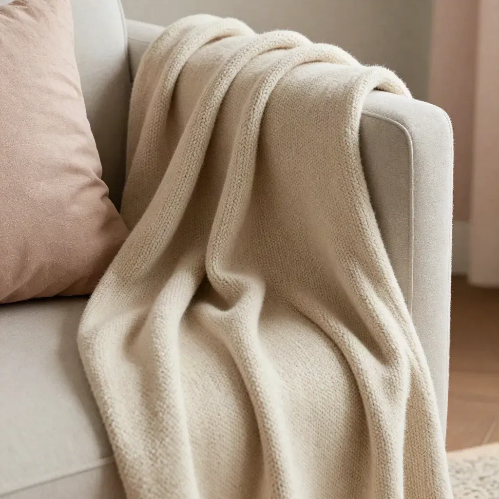 Macro of a beige knit throw blanket draped over an armchair with a blush cushion nearby.