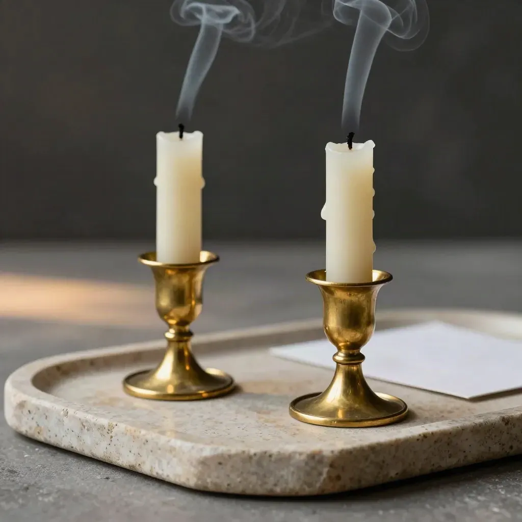 Brass candle holder set with two ivory candles, dark wicks, and a wisp of smoke on stone tray