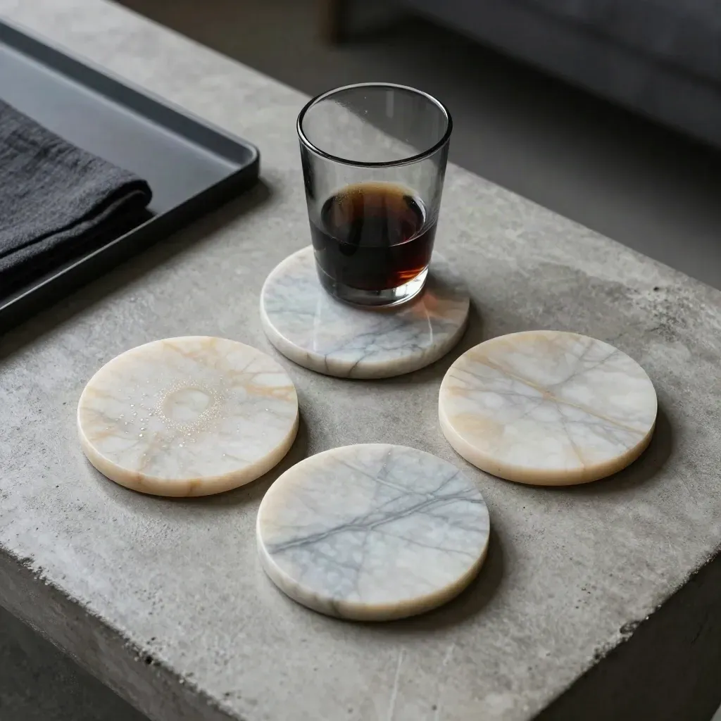 Marble coaster set with a condensation ring beside a lifted glass on cool concrete.