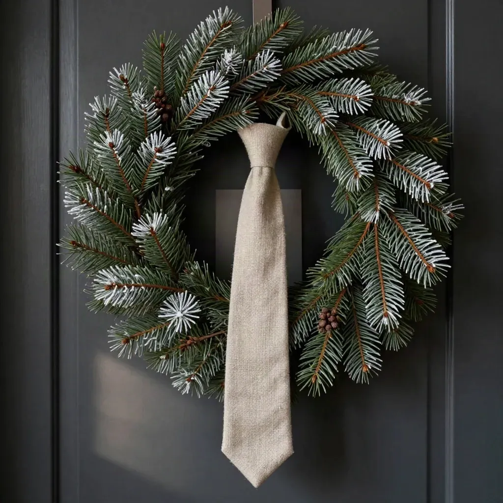 Pine wreath with linen tie on a dark door, frosted tips and soft winter haze.