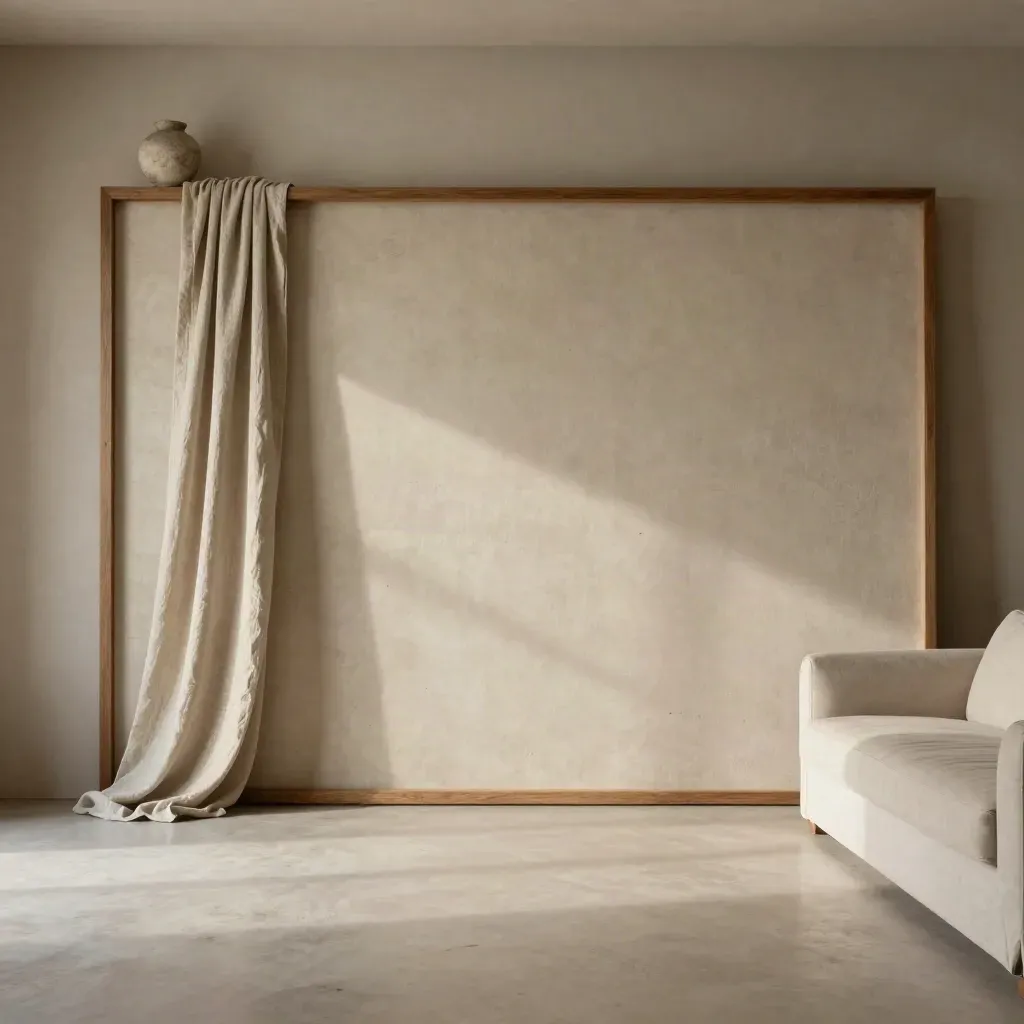 Sunlit plaster wall with oak frame, linen drape and sofa corner, calm space for wall art copy.
