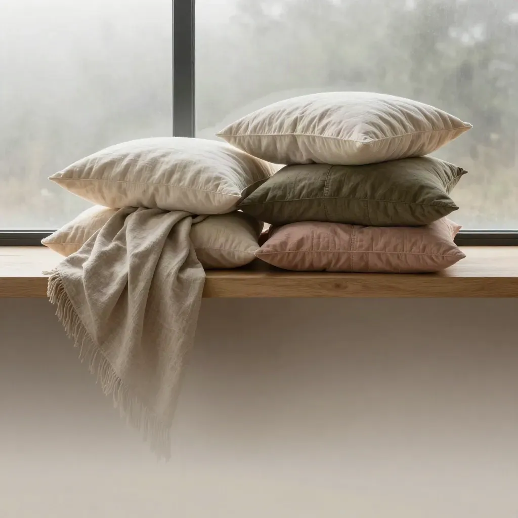 Soft pillows on a pale oak bench beside frosted glass, with mist lifting in a calm neutral interior.