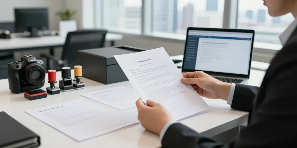 Apostille of birth certificate process in a modern Toronto office with a professional examining official documents.